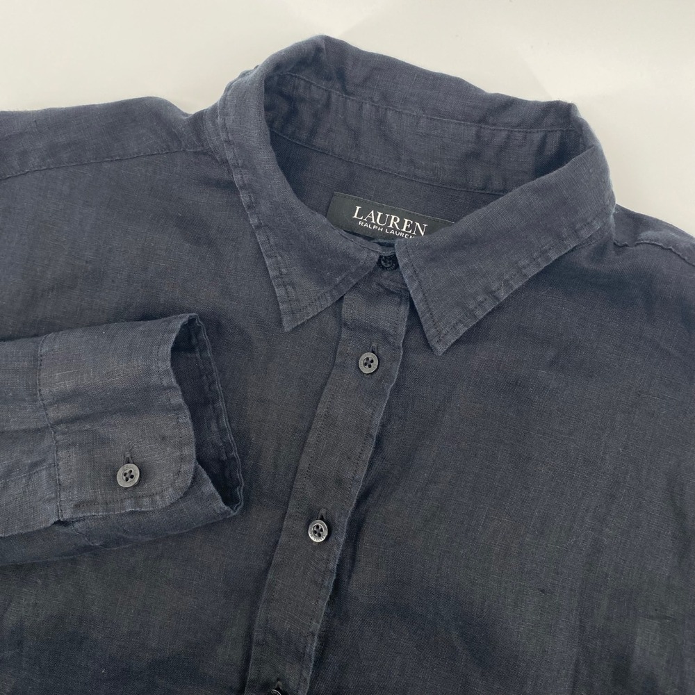 Lauren Ralph Lauren Button Down Women L Black Linen Roll Tab Sleeve Shirt